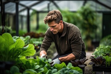 Person in aviator apron holds a clipboard and plants at a greenhouse