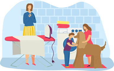 Woman with crossed arms observes as boy pets dog, laundry room background, appliance and ironing board. Household chores, family with pet, laundry day vector illustration.