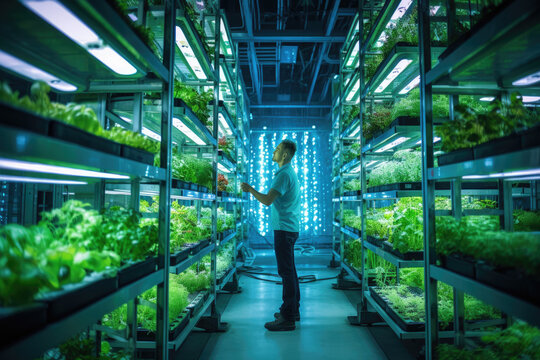 Controlled vertical farm, lush greenery and technician in a lab coat adjusts nutrient levels in a hydroponic system, surrounded by thriving crops.