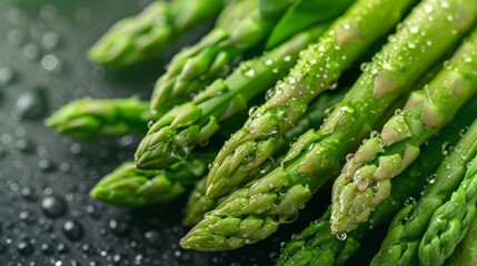 Fresh green asparagus with water drops background. Vegetables backdrop, top view