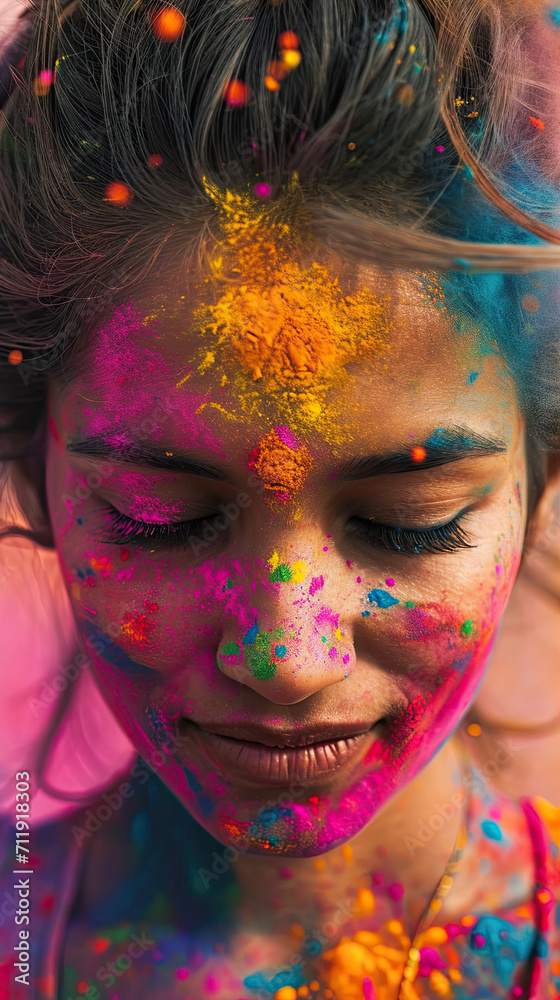 Sticker portrait of a woman with painted face with Holi powder