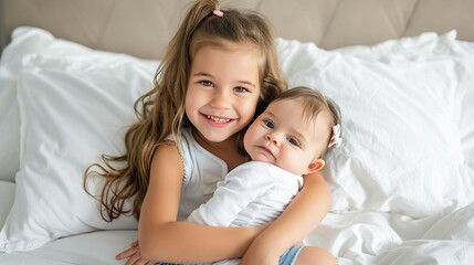 Fototapeta na wymiar happy child holding cute little sister while sitting on white bed