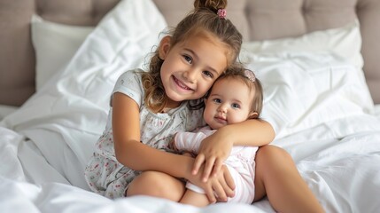 happy child holding cute little sister while sitting on white bed - obrazy, fototapety, plakaty
