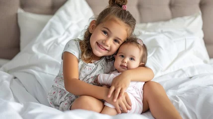 Fotobehang happy child holding cute little sister while sitting on white bed © senyumanmu