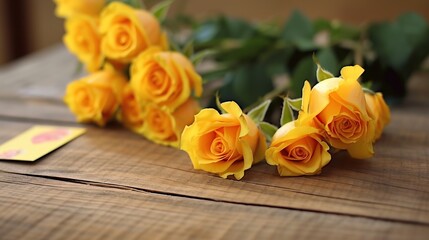 Beautiful yellow roses on a wooden background. Selective focus