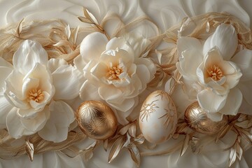 A grand Easter composition with eggs encased in fine gold mesh, surrounded by a halo of ivory gardenias, with a refined area for text.
