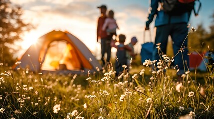 family camping in the nature - obrazy, fototapety, plakaty
