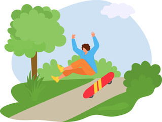 Obraz na płótnie Canvas Young man falls off skateboard in park. Casual clothing, accident, surprised expression, outdoor activity. Skateboarding fail, safety in sport vector illustration.