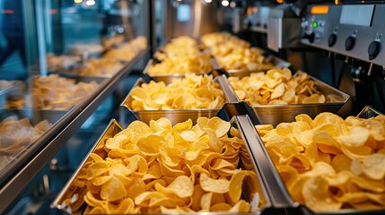 Potato chips production line at food industrial plant. Filling machines for snacks, top view