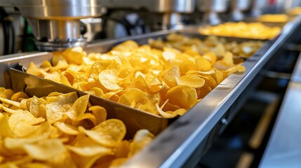 Potato chips production line at food industrial plant. Filling machines for snacks, top view