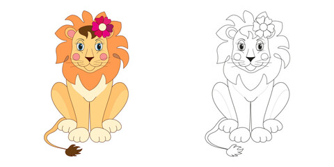 Lion line and color illustration. Cartoon vector illustration for coloring book.