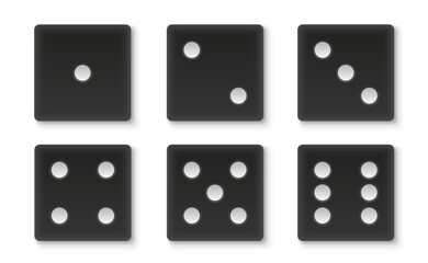 Black dice set. Collection of dice cubes with numbers. Casino, lottery and gambling game elements. Top view icons. Realistic vector illustration