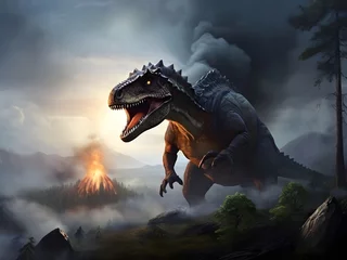 Cercles muraux Dinosaures Dinosaurier, nachdem ein eingeschlagener Asteroid ein Inferno angerichtet hat