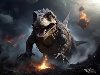 Tableaux ronds sur aluminium Dinosaures Dinosaurier, nachdem ein eingeschlagener Asteroid ein Inferno angerichtet hat