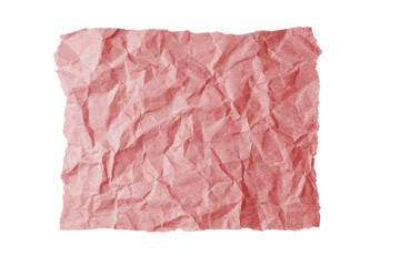 Red crumpled rectangle sheet of paper with torn edge isolated on white, transparent background,...