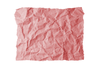 Red crumpled rectangle sheet of paper with torn edge isolated on white, transparent background, PNG. Recycled craft paper wrinkled, creased texture, grunge border. Template, mockup, copy space