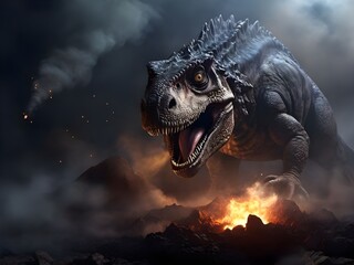 Dinosaurier, nachdem ein eingeschlagener Asteroid ein Inferno angerichtet hat - obrazy, fototapety, plakaty
