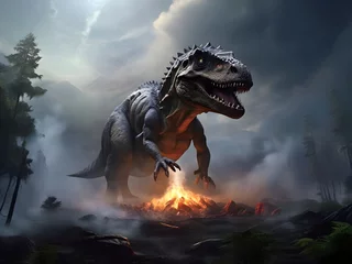 Foto auf Acrylglas Dinosaurier Dinosaurier, nachdem ein eingeschlagener Asteroid ein Inferno angerichtet hat