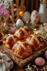 Freshly baked hot cross buns arranged on a rustic wooden board, accompanied by decorative Easter eggs and warm ambient lighting