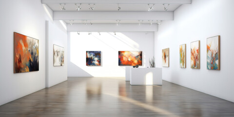 An art gallery with beautiful paintings displayed on minimalist white walls - obrazy, fototapety, plakaty