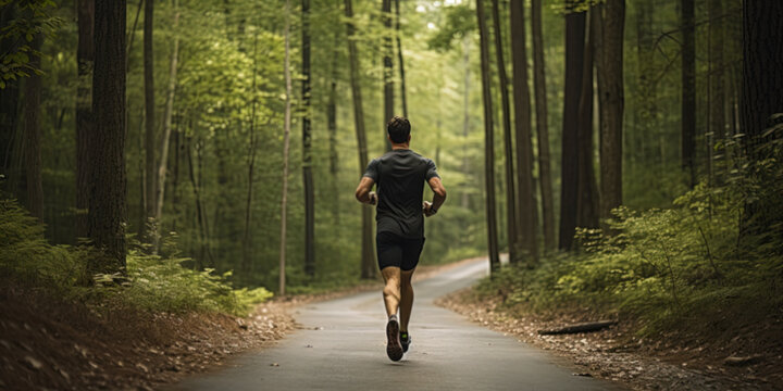 A man jogging on a trail in a forest