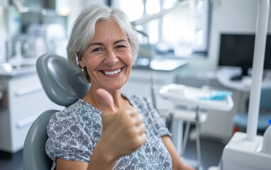 Cheerful mature woman wearing glasses and smiling while sitting in dental chair