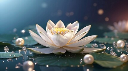 Lotus white light with pearls on a sparkly background. Close-up of a water lily flower with buds.Image for wedding invitations, packages, and cards. Valentine's day created with generative ai