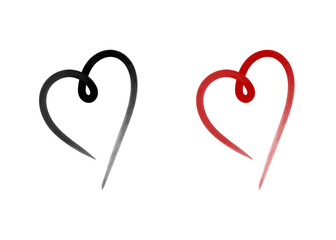 Hand-drawn heart line in black and red with watercolors. Heart icon, logo. Valentine's day concept