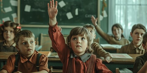 A boy in a school class, vintage style, from the 70s/80s, raises his hand to ask the teacher in front of his classmates. - obrazy, fototapety, plakaty