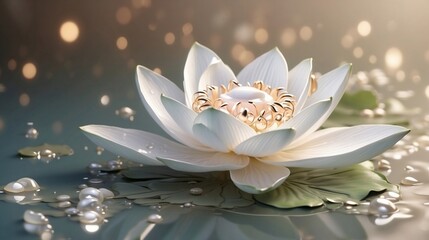 Lotus white light with pearls on a sparkly background. Close-up of a water lily flower with buds.Image for wedding invitations, packages, and cards. Valentine's day created with generative ai - obrazy, fototapety, plakaty