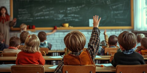 A child in a school class raises his hand to ask the teacher. Scene seen from behind