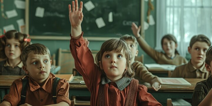 A boy in a school class, vintage style, from the 70s/80s, raises his hand to ask the teacher in front of his classmates.