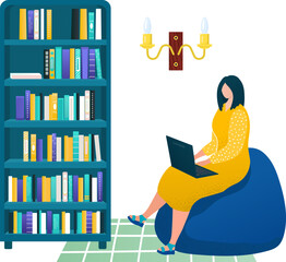 Woman in yellow dress sits on bean bag using laptop near bookshelf. Female working or studying from home. Home office and remote work vector illustration.