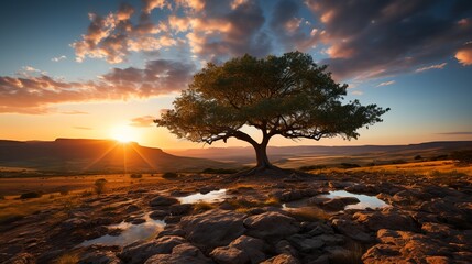 a tree is standing on a rocky shore at sunset