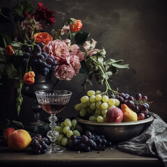 Imperial still life, featuring a glass of red wine, a bounty of fresh fruit, and a classic vase overflowing with flowers