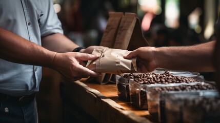 a person is holding a bag of coffee beans