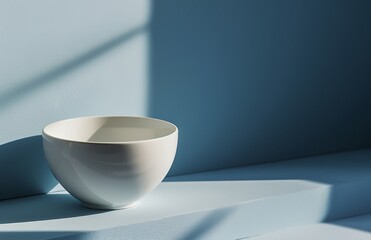 Fototapeta na wymiar a white bowl sitting on top of a table next to a blue wall