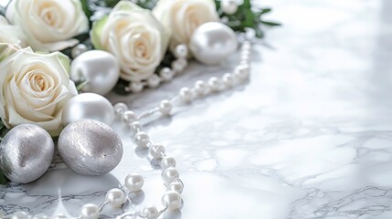 Fototapeta na wymiar Elegant Easter display on a marble surface, with silver and pearl eggs among white roses, space for text. Luxurious and refined.