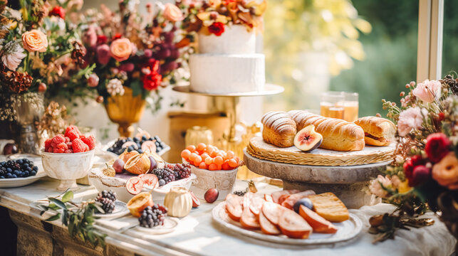 Autumnal dessert buffet table, event food catering for wedding, party and holiday celebration, cakes, sweets and desserts in autumn garden, generative ai