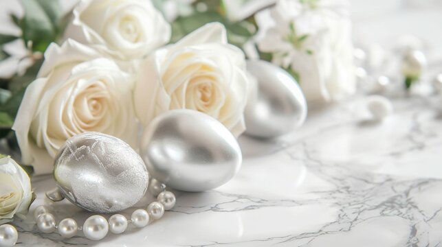 Elegant Easter display on a marble surface, with silver and pearl eggs among white roses, space for text. Luxurious and refined.