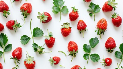 a pattern of strawberries on a white background - obrazy, fototapety, plakaty