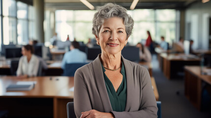 beautiful mature old business woman looking at the camera and smiling in a crowded office