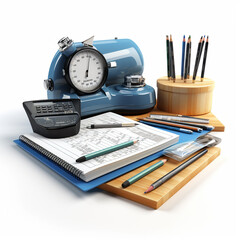Pencils, calculator and alarm clock on a white background.