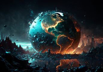 dramatic illustration about destruction of planet earth - obrazy, fototapety, plakaty