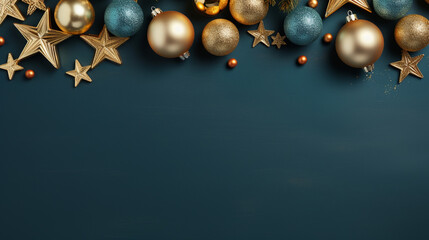 Christmas and New Year background with golden and silver baubles and stars on blue background.