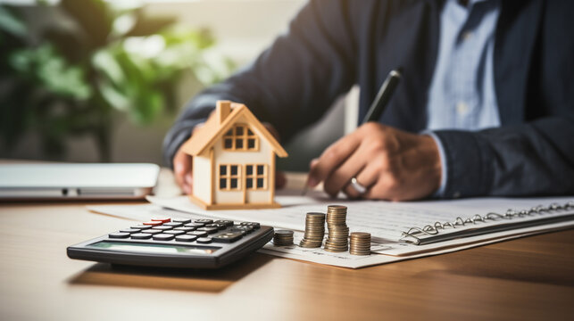 Real estate agent or real estate agent working with house model and calculator to calculate the cost of property.