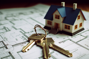 House keys and blueprints with house plan. Real estate concept.