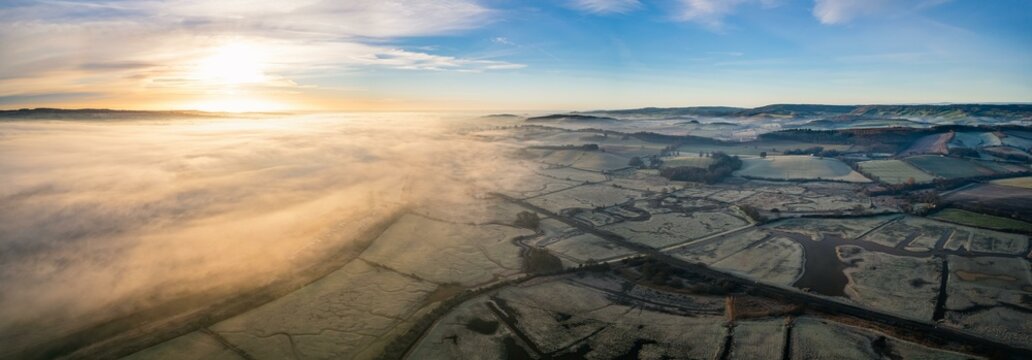 Sunrise panorama over RSPB Exminster and Powderham Marshes and River Exe, Devon, England, United Kingdom, Europe