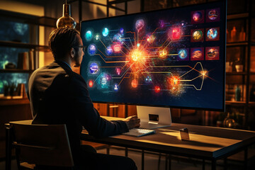 Businessman working on computer at night in office. Cloud computing concept