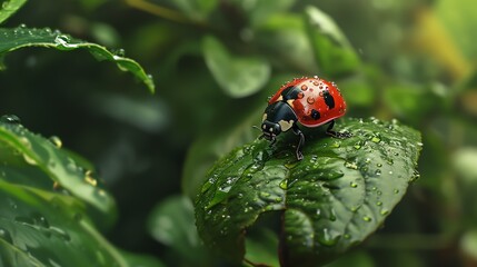 Fototapeta premium An illustration of ladybug sitting on a leaf in the rainforest